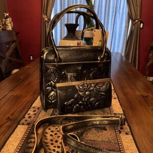 Patricia Nash Rose-Tooled Paris Satchel in Black Gold AND Couchy Wallet